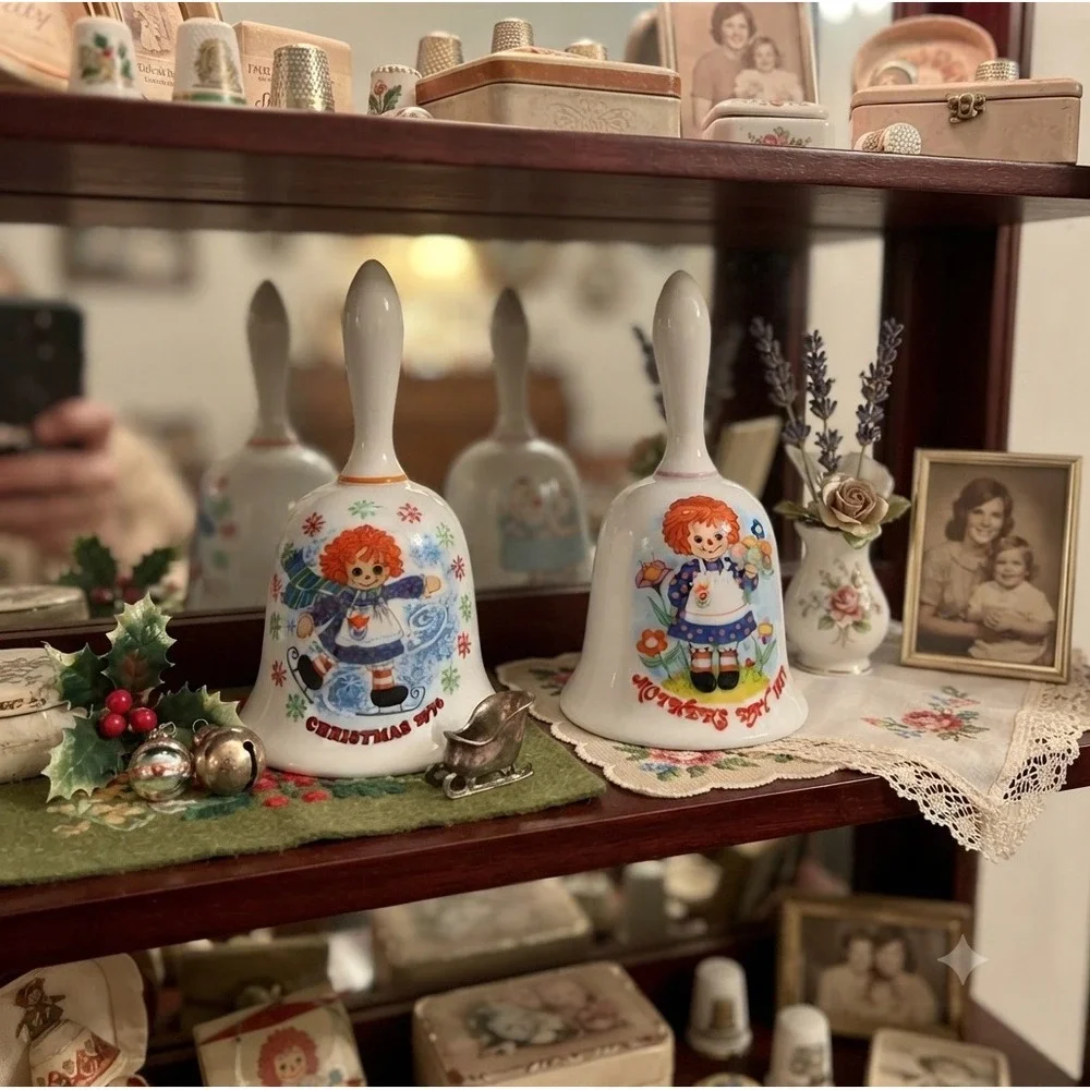 Vintage Raggedy Ann Porcelain Bell Set Christmas 1976 Mother's Day 1977 2pc